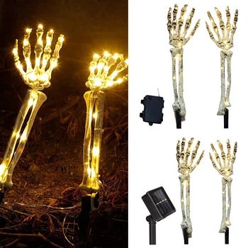 Halloween Luz de Plástico Mãos Pilhas/Powered Solar 40 LEDs Crânio Braços com Estacas 8 Modos Impermeável para o Cemitério