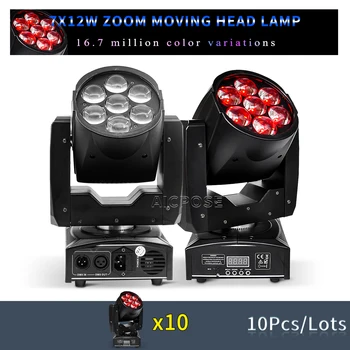 10Pcs/Lotes 7x12W Movente DIODO emissor de luz Luz de Cabeça RGBW 4 em 1 Zoom Luz de Palco de DMX Controle de DJ da Discoteca Equipamento de Iluminação pista de Dança