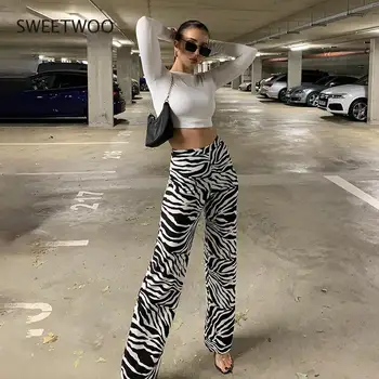 Padrão Zebra Cintura Alta Casual Calças Para Mulheres 2021 Verão Nova Moda Sexy Slim Slim Reta Wide Leg Pants