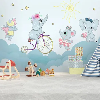 Personalizado de Auto-Adesiva Impermeável papel de Parede 3D Bonito dos desenhos animados Elefante Bicicleta cor-de-Rosa Nuvens Crianças de Fundo Murais de Parede Adesivos