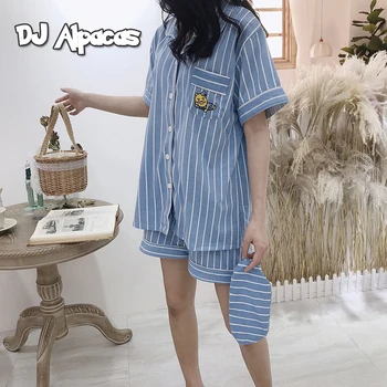 2020 Mulheres Conjuntos de Pijamas com Calça de Manga Curta com Bolso de Pijama Bonito dos desenhos animados Botão Superior Calças de Pijamas Máscara de Olho