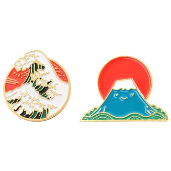 Criativo tsunami emblema Risheng esmalte liga broche de personalidade colar de tinta pingando pin presente de natal