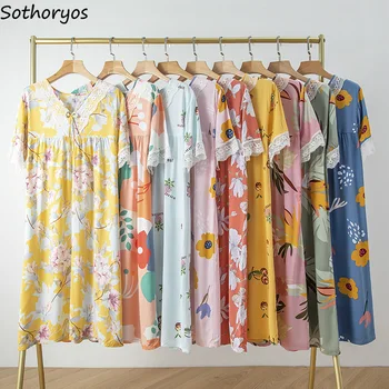 Camisolas Mulheres V-pescoço Elegante Impressão de Renda com mangas Curtas Nightdress Respirável Feminino Estilo coreano Sleepshirts Casa de Moda Sexy