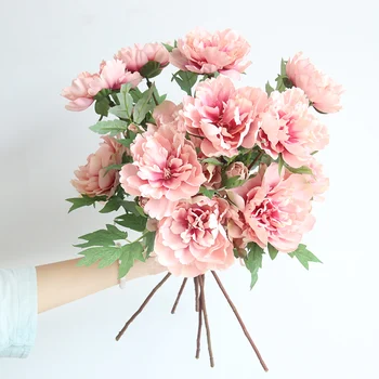 5pcs 3 Cabeças Peônia Falso Buquê de Flores de Seda Flores do Casamento a Decoração do Jardim Flores Artificiais-de-Rosa Branca Peônias