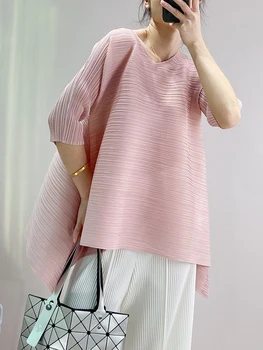 Changpleat Novo Miyak Plissado mulher camisetas, tops Solta O pescoço de 1/2 Manga Grande Tamanho Feminina T-shirt