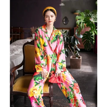 2022 Verão, Primavera, Nova Estampa Floral Cetim De Seda Pijama Conjunto De Loungewear Pijamas Para Mulheres 2 Peças De Pijama Manga Longa Feminino