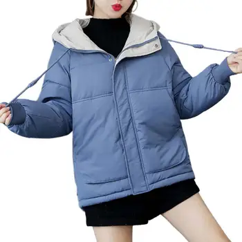 Jaqueta de casacos mulher de inverno 2021 Grandes Bolsões de Retalhos de Cores Curta Tipo de Mulheres com Capuz Solto Puffer Casaco de Senhora, Vestuário