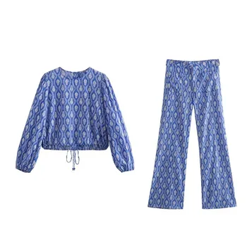 Conjunto de verão das Mulheres da forma de Impressão do Pijama 2 Peças com Senhoras de Calças de Pijamas Pijamas Casual Manga Longa Vintage O-pescoço Outwear