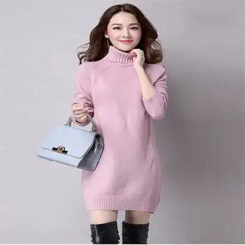 Camisola de inverno Mulheres 2019 Moda Médio e longo seção suéter confortável pura de cor, Tamanho Grande tricô Pulôveres 825
