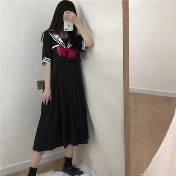 Japonês Faculdade Marinheiro Gola Mangas compridas Vestido de Doce Bow Bonito Midi Saia Solta as Mulheres da escola de Verão de menina uniforme