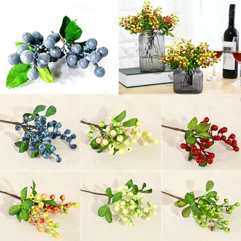 Arranjo DIY Falso Flores Artificiais Berry Sprays Para Casa, Plantas Decorativas de Mirtilo Parede Decoração Material de
