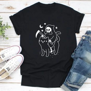 Engraçado Mulheres de Manga Curta Gráfico Goth Camiseta Top Morte Passeios de Um Gato Preto T-shirt Assustador Grim Reaper Hippie Tshirt