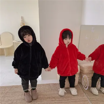As meninas Meninos do Bebê Jaqueta casaco Outwear Preto Fuzzy Pele Engrossa o Inverno, Além de Veludo Quente Agasalho de Lã de Roupas para Crianças