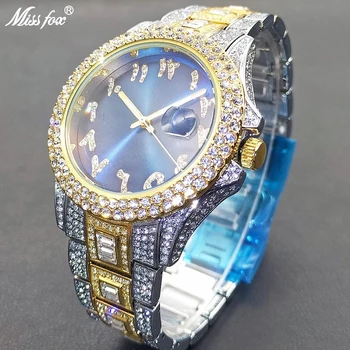 MISSFOX relógios Para Homens de Negócios Impermeável Auto Data do sexo Masculino Quartzo Reloj de Luxo Gelado Fora do Diamante dos Homens de Aço Inoxidável Relógios