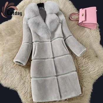 Cotday Slim 2021 Moda coreana Mulheres Ovelhas de Lã de Pêlo de Emenda Outono Inverno Wram Casaco de Comprimento Médio Pele de Raposa Gola de Casaco de Pele