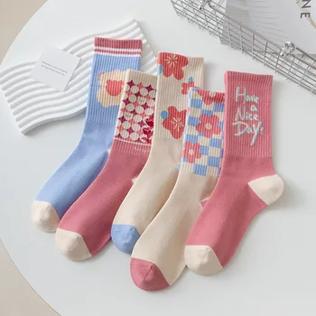 Dos desenhos animados bonitos letra da faixa de mulheres médio tubo de meias Japonês garota kawaii flor de cerejeira urso meias de algodão estudante de meias