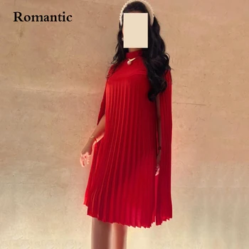 Romântico, Uma Linha Vermelha Chiffon Vestido de Baile Mangas Curto Prom Vestidos de Gola Alta Arábia saudita Plus Size Vestido de festa 2022