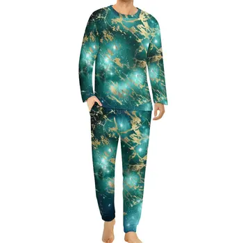 Preto Verde Estrelado de Noite, Pijamas de Inverno do Espaço de Mármore, Imprimir Cute Pajama Conjuntos de Manga Longa Quarto Gráfico Pijamas Tamanho Grande 5XL