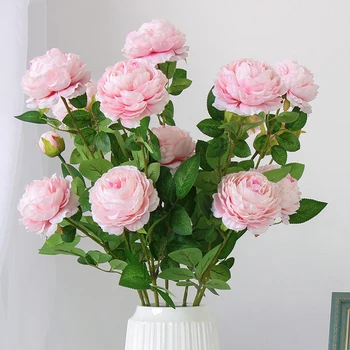 66cm Europeu Longo de Flores Artificiais 3 Cabeça de Casa Seda Peônia Flores de Casamento Estrangeira Rosa Flor Decorativa Decoração para uma Festa de 1pcs