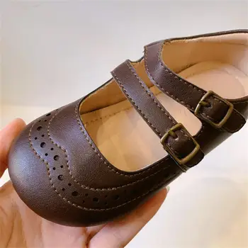 Retro Superficial Boca de Crianças Sapatos de Couro Meninas Casual Superficial Boca Pequena Único Sapatos de Sapatos de Bebê Primavera, Outono, Fundo Macio