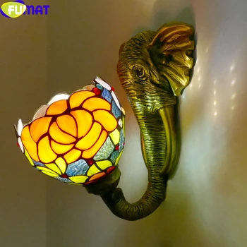 FUMAT Tiffany Estilo Antigo, Lâmpada de Parede de Flores Libélula Uva Vitrais Sombra Elefante Quadro de Arte Decorativa da Casa de luz de fundo