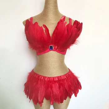 Novas Penas Vermelhas Bikini Terno Trajes Boate Bar Sexy Desempenho Rave Desgaste das Mulheres Cantor, DJ de Levar a Dança de Roupas Equipamento de Palco