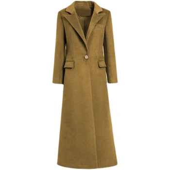 Nova chegada do inverno x-longo de moda longo casaco de lã mulheres com um botão de cintura fina dividir misturas de lã casaco 3XL