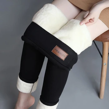 Mulheres Leggings Engrossado Elástico De Cintura Alta Velo Forrado Térmica Calças Com Bolsos Para O Outono Inverno Tamanho Livre De Cor Sólida