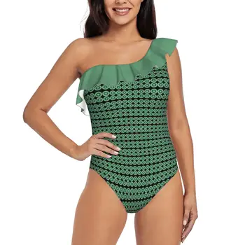 Panton Círculos Verde De Um Ombro Plissado Maiô De Impressão Swimwear Feminino, Uma Peça De Monokini Maiô Panton Panton Era Arte