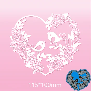 Novo Corte de Metal Morre Flor de Aves No Coração Stencils Para DIY Papel de Scrapbooking, Cartões de Artesanato de Artesanato Decoração 115*100mm