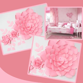 DIY Gigante de Flores de Papel Artificial Rosa Fleurs Artificielles pano de Fundo 3pcs+ 4 Deixar a Festa de Casamento Decoração do Berçário Bebê cor-de-Rosa