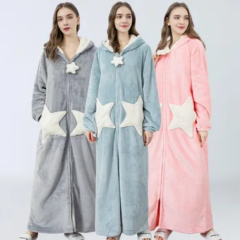 Flanela Manto de Mulheres Pijamas de Inverno Estrelas Nighty Roupões de banho Quente da Noite Veste Bonito em Casa Roupas de Dormir Luz Superior Vestes para a Cobertura