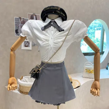 Nicho Novo Design Vestuário de senhora, Em 2022, Verão Estilo de Colégio de Lapela Dobra Puff Camisa de Manga Curta Topo Saia de Duas peças de Conjunto
