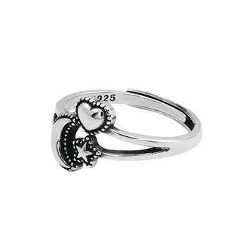 S925 prata Retro Lua anel coração de jóias de Moda para as mulheres