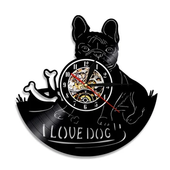 Eu Amo Cachorro Retroiluminação LED disco de Vinil Relógio de Parede Bulldog francês Moderno Relógio de Parede de Estimação Cachorro Animal de Iluminação Decorativa