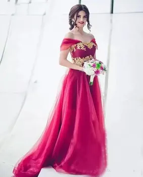 Elegante Tule Dubai árabe Vestidos de Noiva em Ouro Vermelho de Laço Appliqued Festa Vestido de Noite Plus Size vestidos de festa فستان سهرة