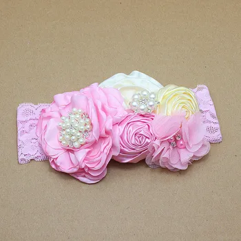 Cor-de-rosa da menina em Camadas Flor de Correspondência de Faíscas de Strass e pérola Cabeça de noiva rosa Flor Headband laço