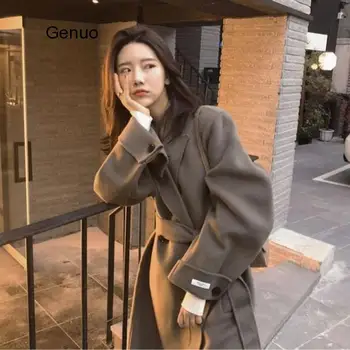 Mulheres de Dupla Face de Lã Casaco Estilo coreano X-Casaco Longo 2020 Inverno Novo High Street Outerwear com Cinto Feminino