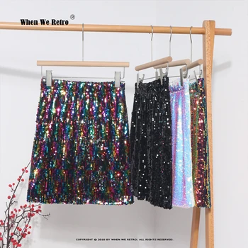 Novo Sexy Mini-Saia de Lantejoulas arco-íris Bling Elasticidade Cintura Alta coreano Moda Envoltório Saia Curta Saia Lápis Para o Partido RS022