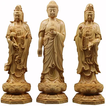 Madeira maciça Três Santos do Ocidente Budista figura estátua，esculpida à Mão, o Chinês Estátua de Buda, decoração acessórios