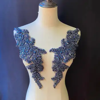 Azul marinho Pesado Cordão de Strass Apliques de Cristal Corpete Patch Para Couture e Traje de Dança
