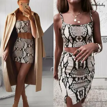 As mulheres de pele de cobra corte de Impressão Superior a Mini Saia Conjunto de 2019 Marca Novo Estilo de Moda Clubwear Vestido Casual 2pcs Conjunto