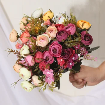 Artificiais de seda, chá da flor rosa chá de broto de cachos de casa, decoração de casamento simulação de flor sala de estar de estilo Europeu, rosa peônia