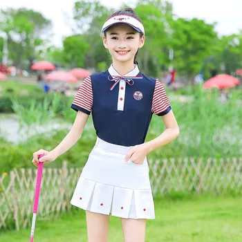 Novo 2019 Menina de Camiseta de Roupas de Golfe para Crianças, campo de Golfe de Roupas de Meninas T-Shirt Manga Curta Plissada Curta Saia de Verão Equipe de Esportes do Conjunto de