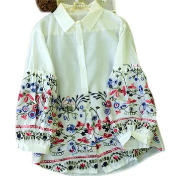 Mulheres novas camisas étnica bordado camisas de lapela blusinha solta de algodão tops