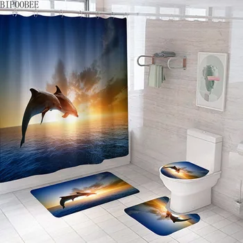 3D Oceano Dolphin Cortina de Chuveiro de Tecido Impermeável de Cortinas de Banheiro Wc tampa Tampa antiderrapante, Tapete Tapetes de casa de Banho, Tapetes, Decoração de Casa