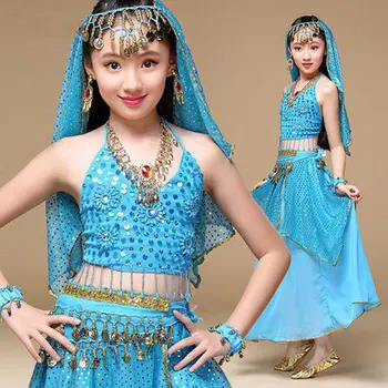 4 PCS Crianças de Dança do Ventre, Traje Para a Menina Dança Indiana Vestido de Criança de Bollywood Dance Fantasias para Meninas Dança Desgaste
