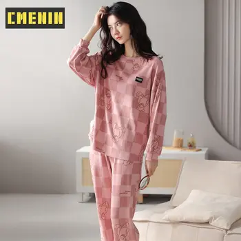 Desenho animado do Urso Conjunto de Pijama cor-de-Rosa Xadrez Pijamas de Algodão de manga comprida, Calças de Outono E Inverno Loungewear Mulheres Homewear