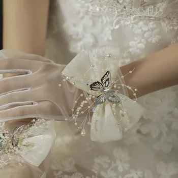 Nova Chegada de Marfim de Noiva, luvas de Casamento Baratos acessórios Gant mariage femme Noiva de Casamento transparentes luvas de Gant camellia lace