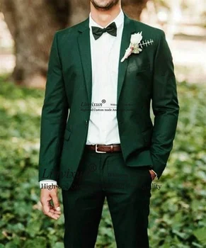 Belo Verde Homens Ternos Entalhado Lapela Do Noivo Casamento Smoking Slim Negócio Do Sexo Masculino Blazer 2 Peças Jaqueta De Conjuntos De Calças Traje Homme